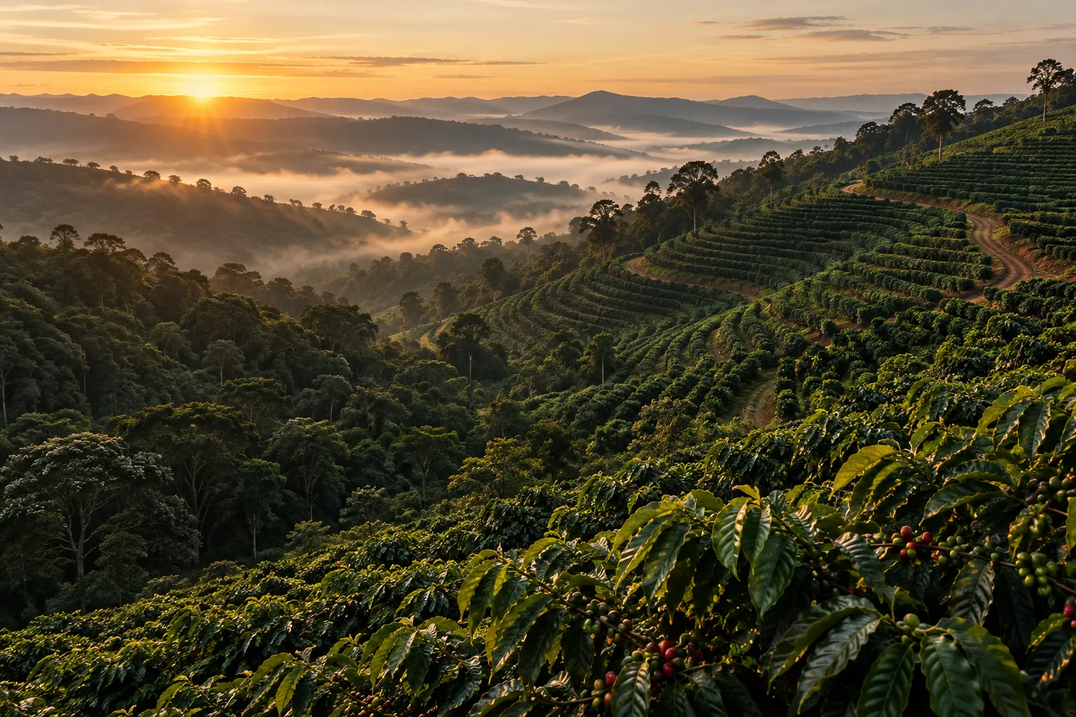 Collines et rangées de caféiers au lever du soleil