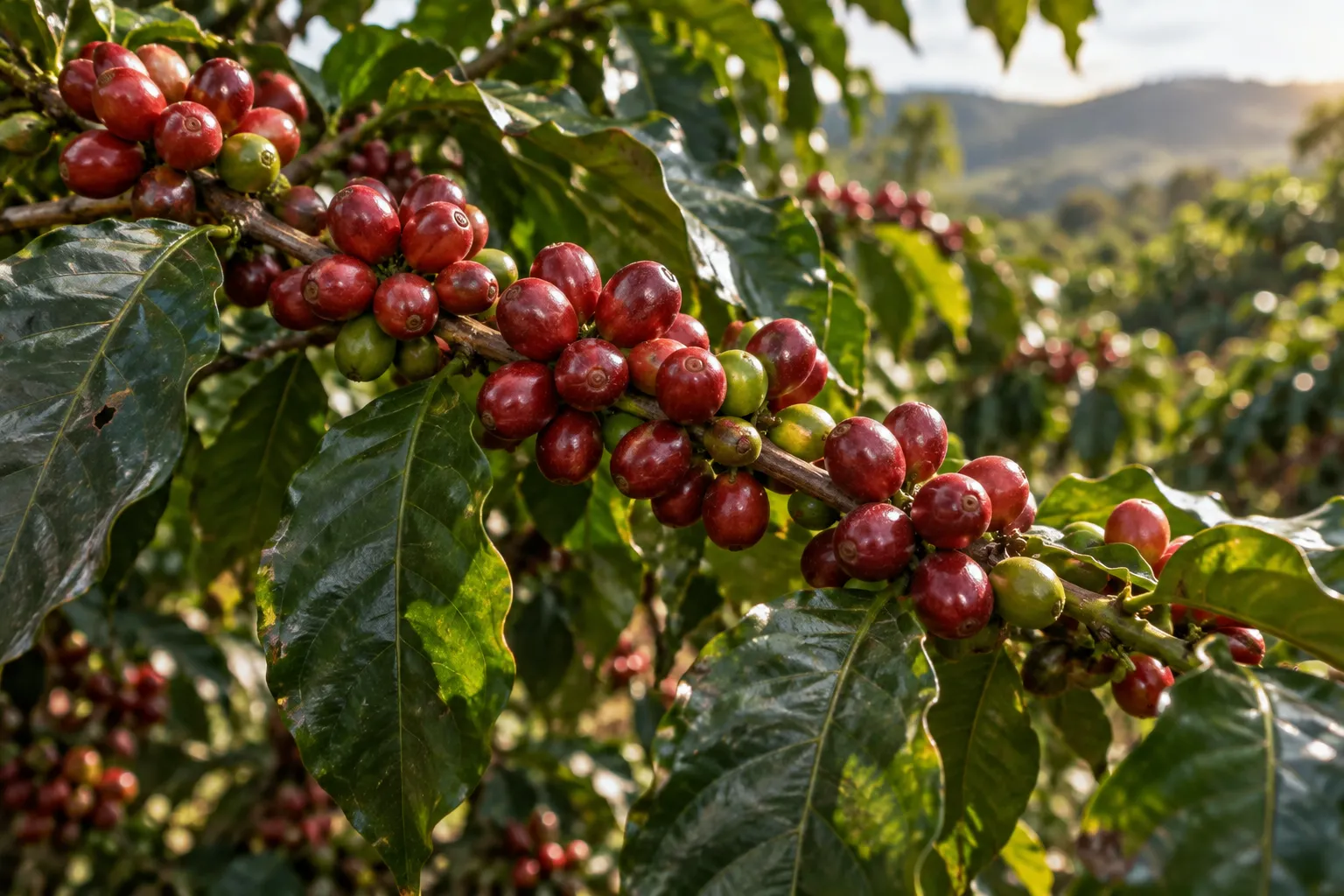 Cerises de café rouges et vertes sur une branche de caféier