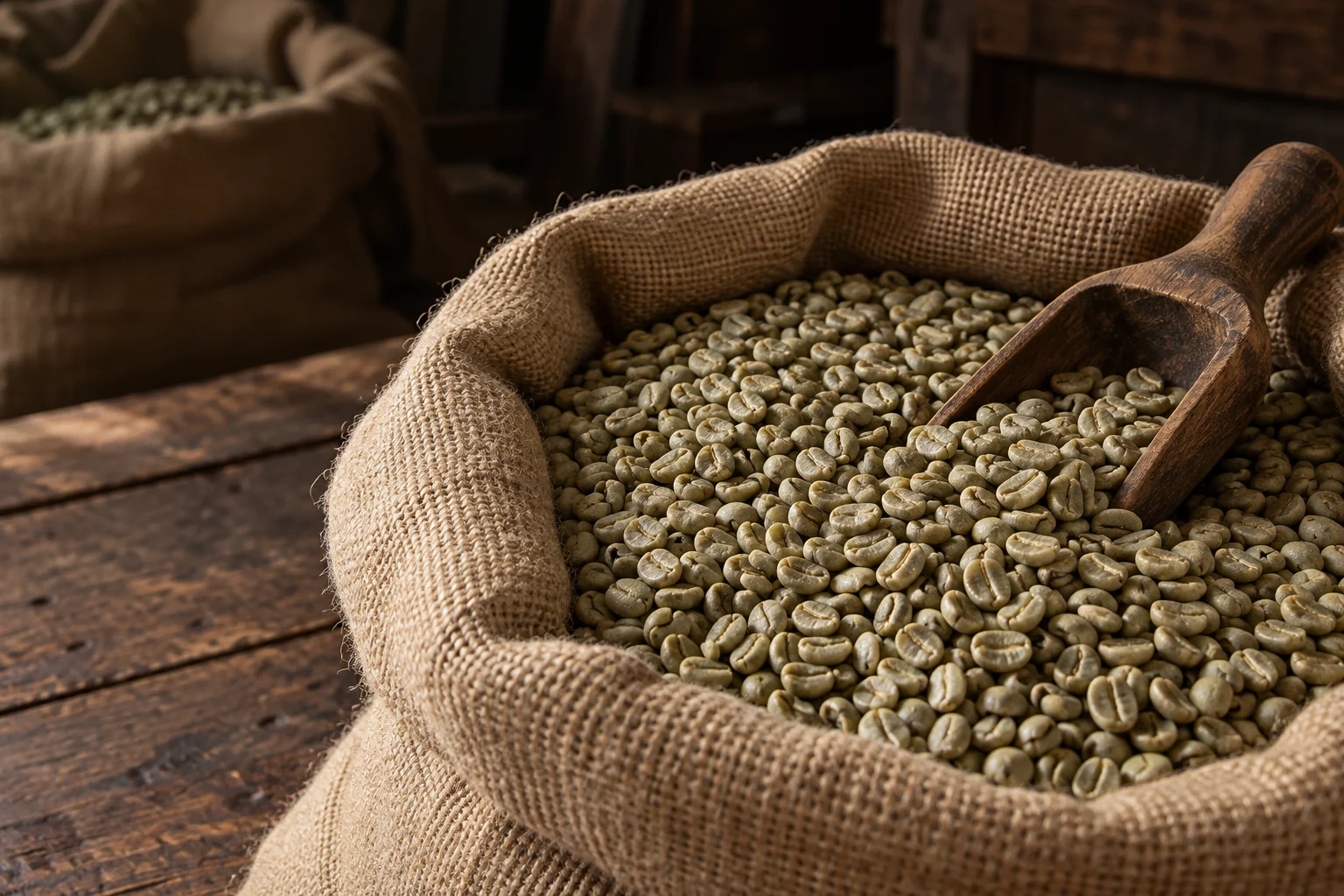 Sac de café vert et pelle d’échantillonnage dans une lumière douce